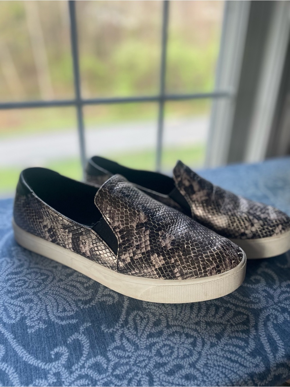 Cole Haan Snake Print Slip-On Flats in Black and Gray